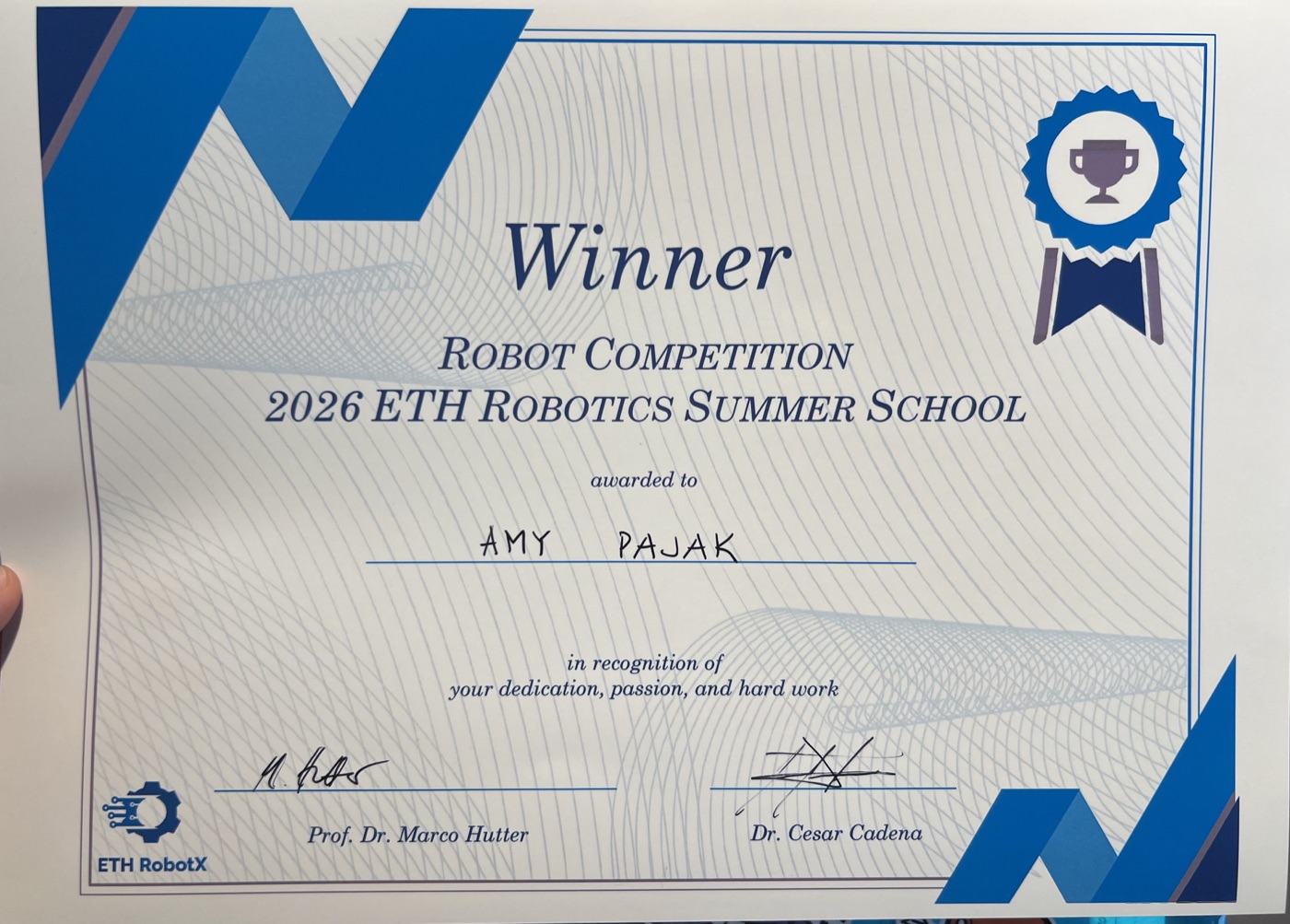 ETH Robotics Summer School certificate